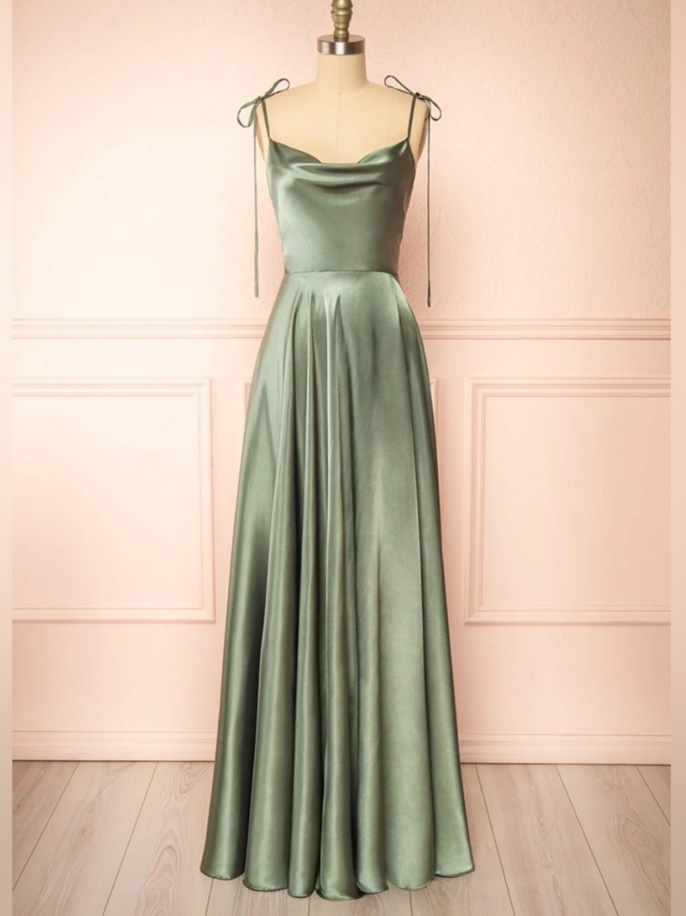 Moira Khaki | Cowl Neck Satin Maxi Dress with High Slit - Picture 2 of 10